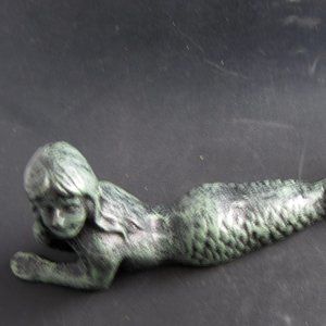Cast Iron MERMAID Laying Down PAPER HOLDER 10" Antique  Verdigris Patina Finish
